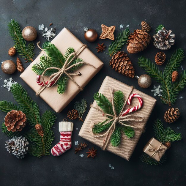Fond isolé de Noël avec deux branches et cônes de sapin cadeaux emballés