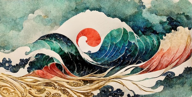 Fond japonais traditionnel avec vagues et texture de fleur Vague aquarelle naturelle orientale