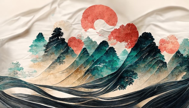 Fond japonais traditionnel avec vagues et texture de fleur Vague aquarelle naturelle orientale