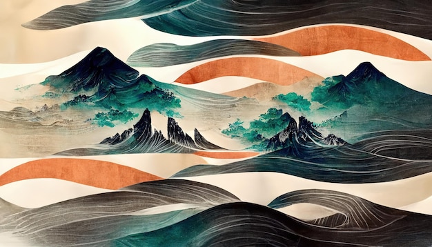 Fond japonais traditionnel avec vagues et texture de fleur Vague aquarelle naturelle orientale