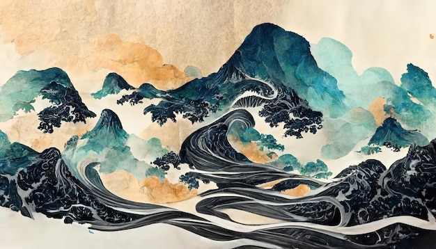 Fond japonais traditionnel avec vagues et texture de fleur Vague aquarelle naturelle orientale