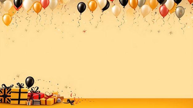 Photo un fond jaune avec des ballons et une boîte à cadeaux avec un rouge qui dit joyeux anniversaire