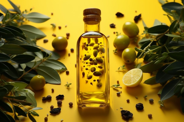 Sur un fond jaune, une bouteille d'huile d'olive ornée d'épices aromatiques