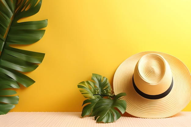 Un fond jaune avec un chapeau et une plante