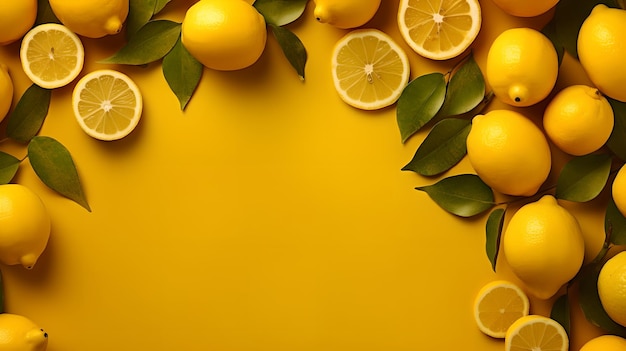 Un fond jaune avec des citrons et des feuilles
