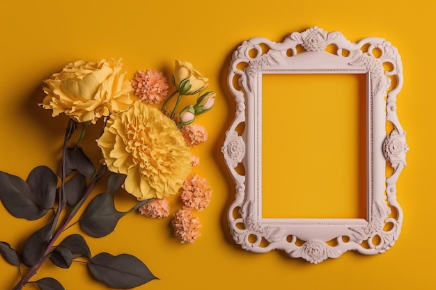 Fond jaune avec des fleurs et un espace vide dans un cadre blanc AI générative