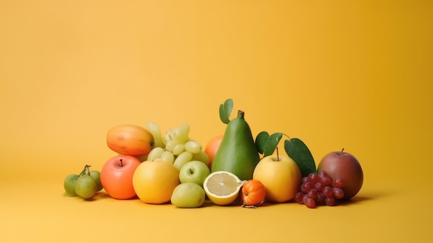 Un fond jaune avec des fruits et légumes