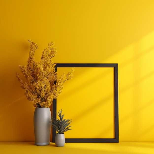 Un fond jaune avec une image de fleurs et un vase avec une plante dedans.