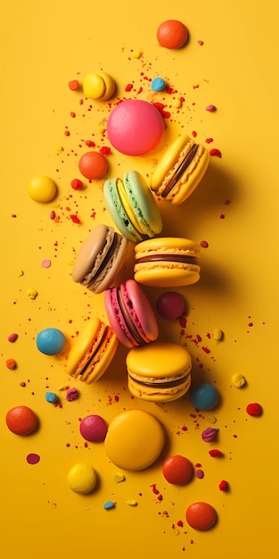 Un fond jaune avec des macarons colorés et des vermicelles