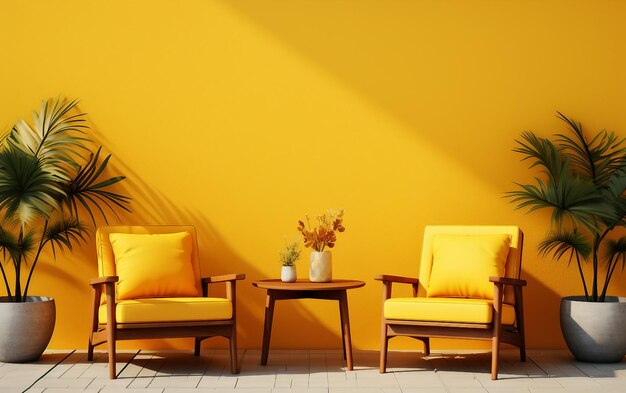 Photo fond jaune meubles de patio montés sur le mur