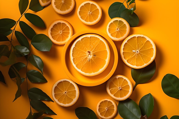 Un fond jaune avec des oranges et des tranches d'orange et des feuilles vertes.