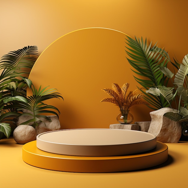 Fond jaune vierge de podium dans le style de l'abstraction circulaire matériau d'argile de rendu 3D