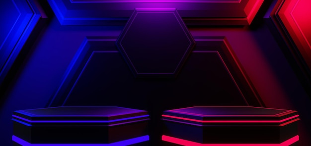 Fond de jeu fond d'écran abstrait style cyberpunk scifi jeu néon lueur de la scène de la scène dans la salle du piédestal illustration 3d rendu concept d'équipe esports