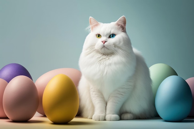 Fond de joyeuses pâques avec chat blanc Ai généré