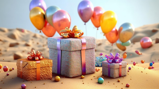 Fond de joyeux anniversaire et boîte-cadeau et ornement de ballons réalistes avec ruban AI générative