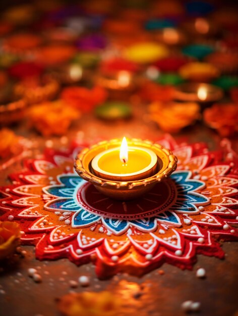 Fond joyeux Diwali avec beau Diya et rangoli coloré