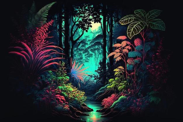 Fond de jungle tropicale de nuit Forêt tropicale colorée atmosphérique