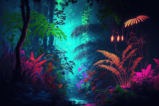 Fond de jungle tropicale de nuit Forêt tropicale colorée atmosphérique