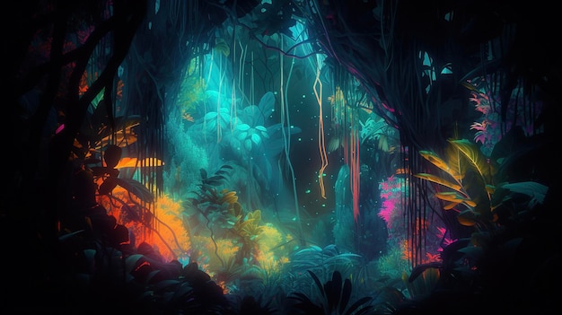 Fond de jungle tropicale de nuit Forêt tropicale colorée atmosphérique