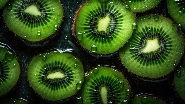 Fond de kiwi en tranches sucré orné de gouttelettes scintillantes d'image ai générée par l'eau