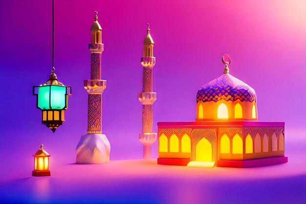 Fond de lanterne colorée de mosquée de Ramadan avec les lumières rougeoyantes