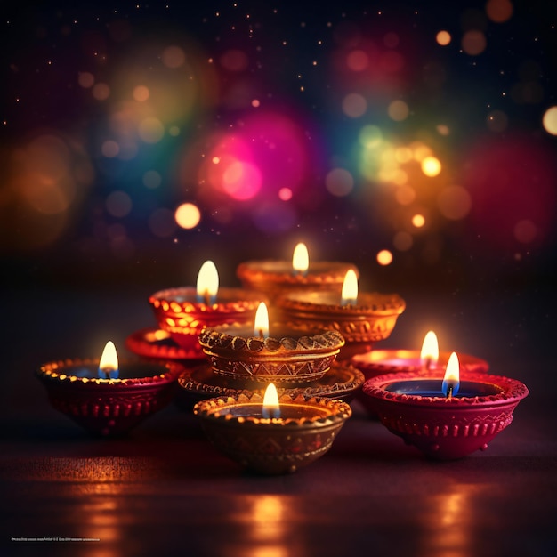 Un fond de lanternes et de diyas Diwali avec des lampes éclairées dans un cadre sombre