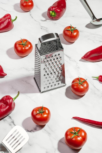 Fond avec des légumes et des ustensiles de cuisine sur un tableau blanc Ingrédients Préparation des aliments