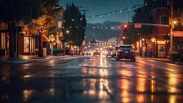 Fond de lentille de lampe floue de voiture avec ai générative de pluie d'eau