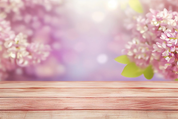 Fond lilas de printemps avec table en bois généré par l'IA