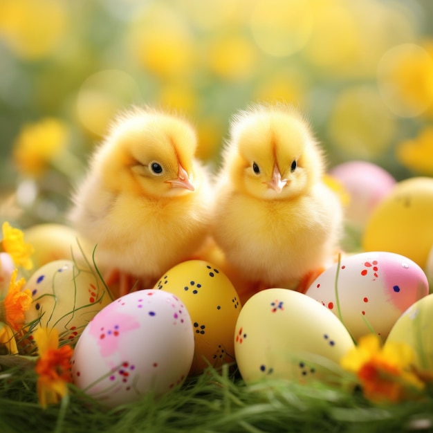 Photo un fond ludique avec des poussins de pâques jaunes vifs et des œufs colorés