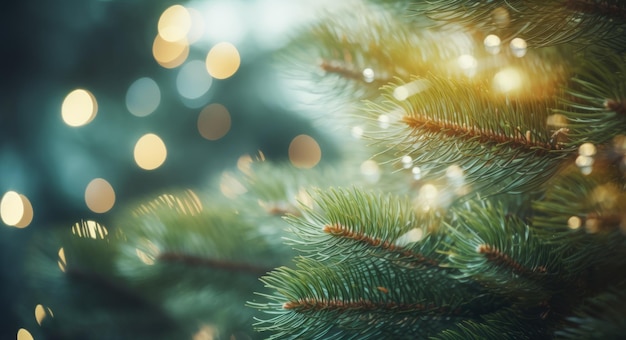 le fond de la lumière de Noël sur les branches du pin