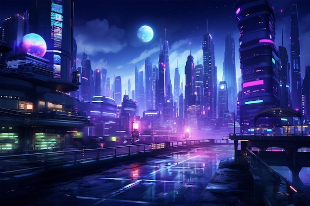 Le fond lumineux du cyberpunk dans la nuit