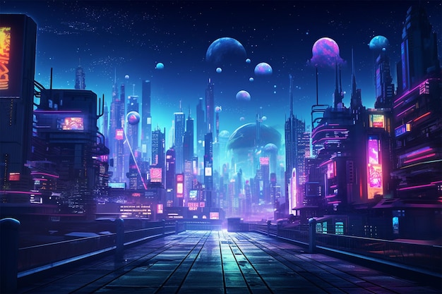 Le fond lumineux du cyberpunk dans la nuit