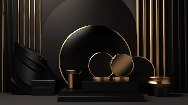 Fond de luxe noir avec des formes 3d et des éléments dorés