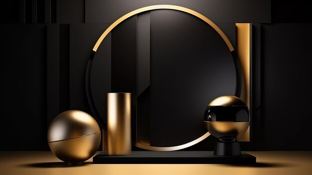 Fond de luxe noir avec des formes 3d et des éléments dorés