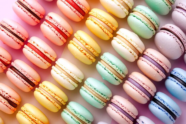 Photo fond de macarons couleurs pastel vue de dessus générée par l'ia