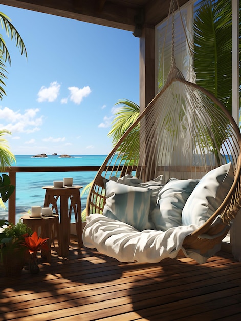Photo fond de la maison de plage tropicale palmiers et vue sur l'océan à l'arrière design créatif live stream arrière-plan