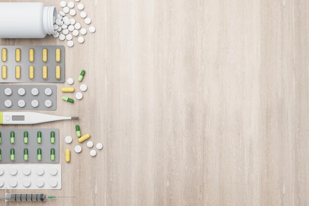 Photo fond de maquette en bois vierge avec une variété de pilules de médecine pharmaceutique comprimés capsules et thermomètre placé vers la gauche concept de médicament rendu 3d maquette