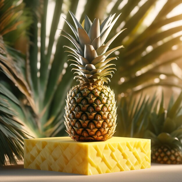 Photo fond de maquette de podium photo ananas sur un fond flou pour la présentation d'un rendez-vous 3d cosmétique