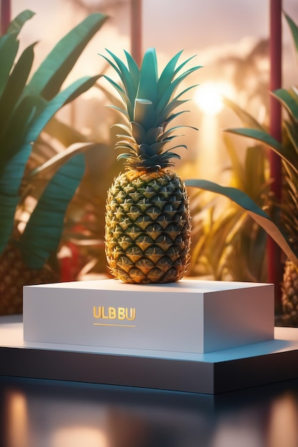 Photo fond de maquette de podium photo ananas sur un fond flou pour la présentation d'un rendez-vous 3d cosmétique