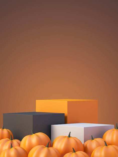 Fond de maquette de produit d'Halloween avec affichage de podium de produit orange 3D et citrouille, illustration de rendu 3D