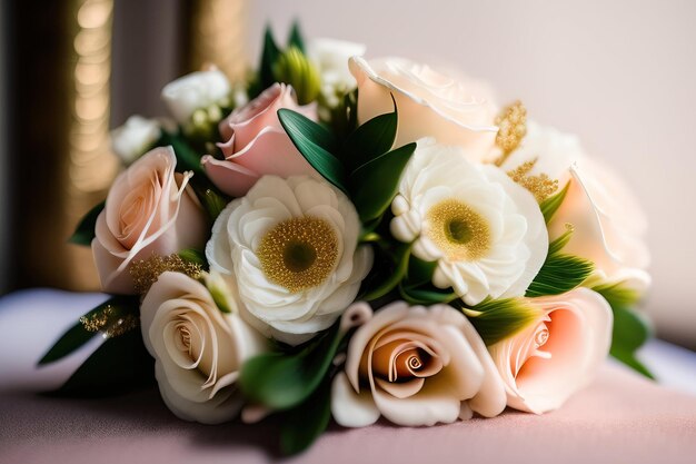 Fond de mariage romantique bouquet de mariée fleur crèmes légères douces et ors