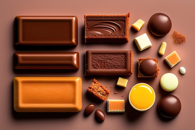 Un fond marron avec différents chocolats et friandises