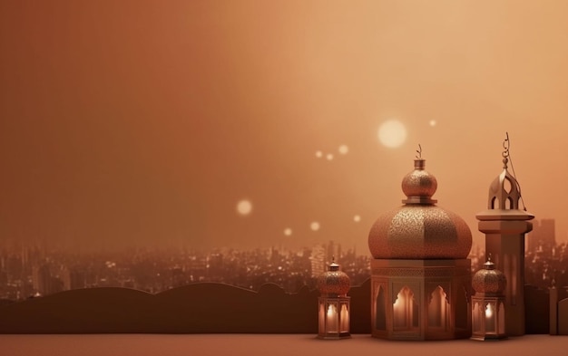 Un fond marron avec une lanterne et une lampe avec les mots ramadan.