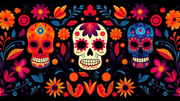 Fond mexicain du Jour des Morts avec crâne et fleurs