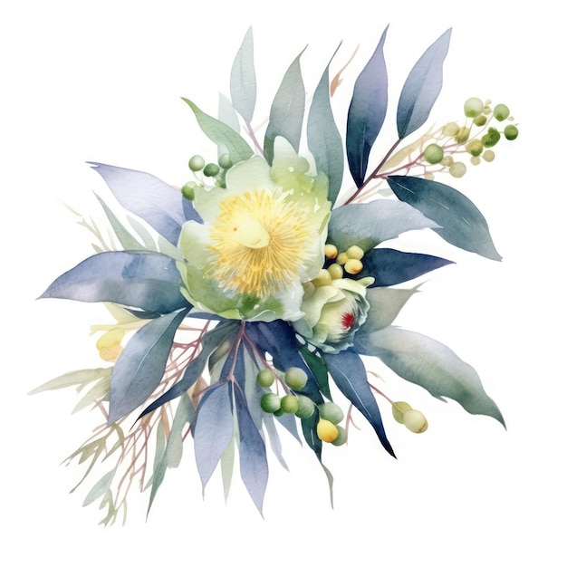 Fond de mode floral aquarelle élégant avec des feuilles d'eucalyptus et de vert olive générées par l'IA