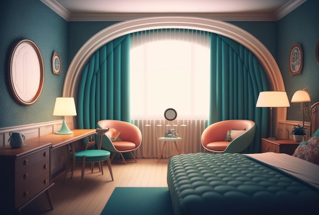 Fond de modèle 3d de conception graphique de chambre d'hôtel rétro