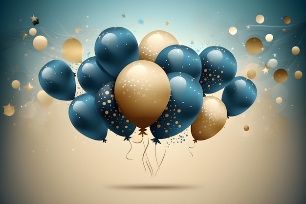 Fond de modèle de fête d'anniversaire de ballons à air bleu et or