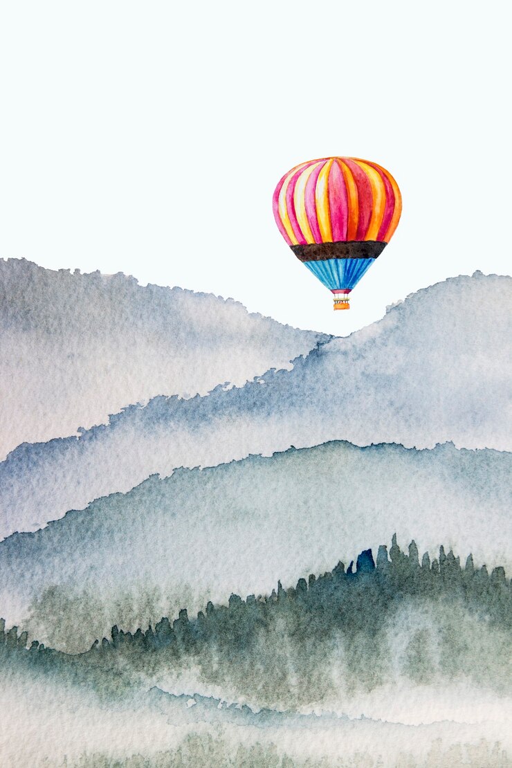 fond de montagne aquarelle dessiné par pinceau peintures colorées montgolfière sur la texture du papier