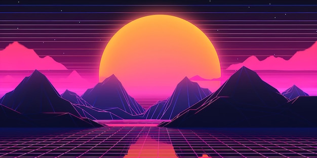 Fond de montagne esthétique Retro Wave ou Synthwave avec un magnifique coucher de soleil d'été